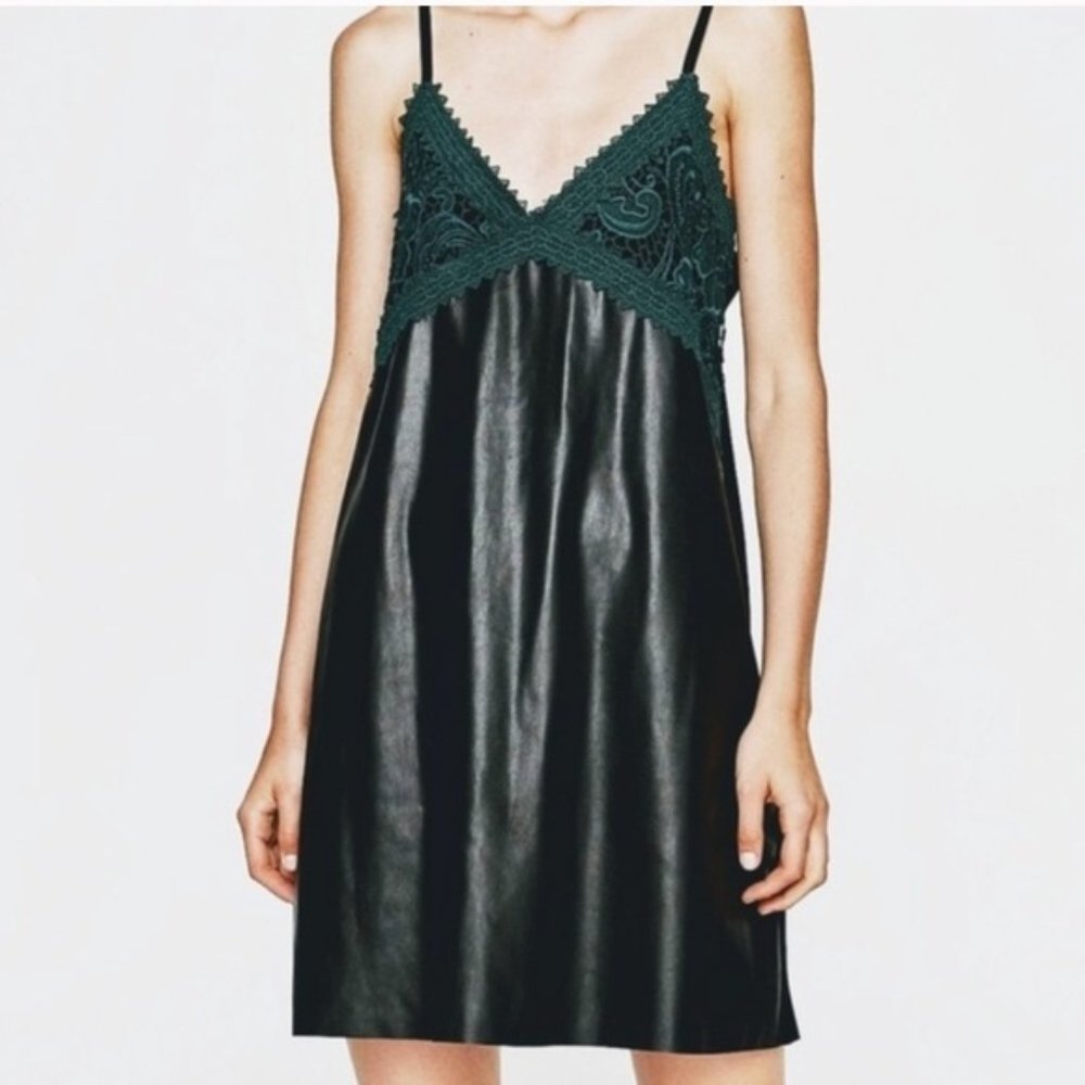 Zara faux leather green crotchet slip dress